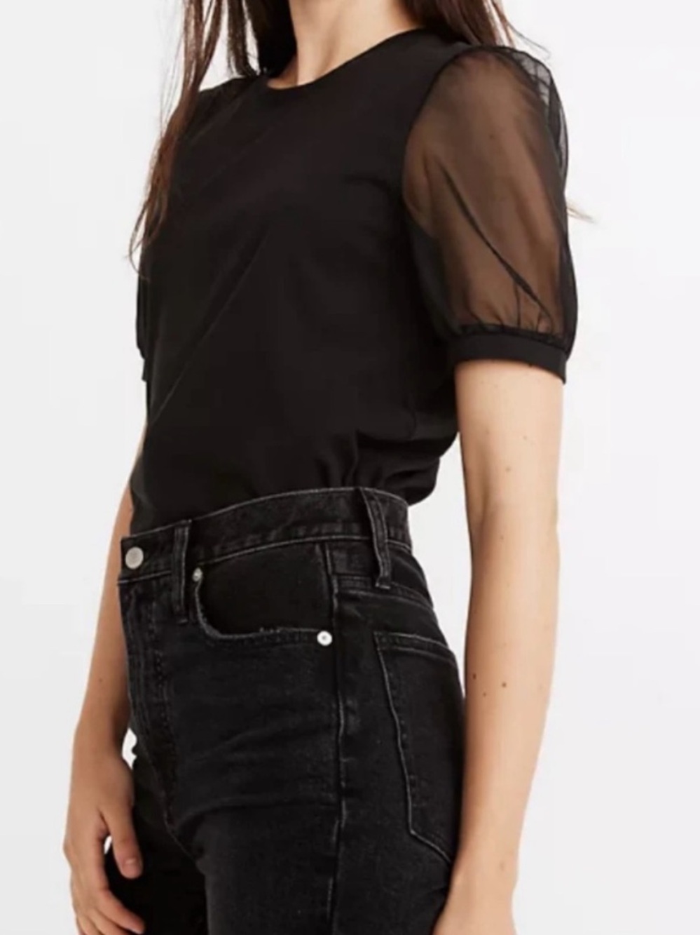 Madewell Sheer Sleeve Short Sleeve Top in Black size medium